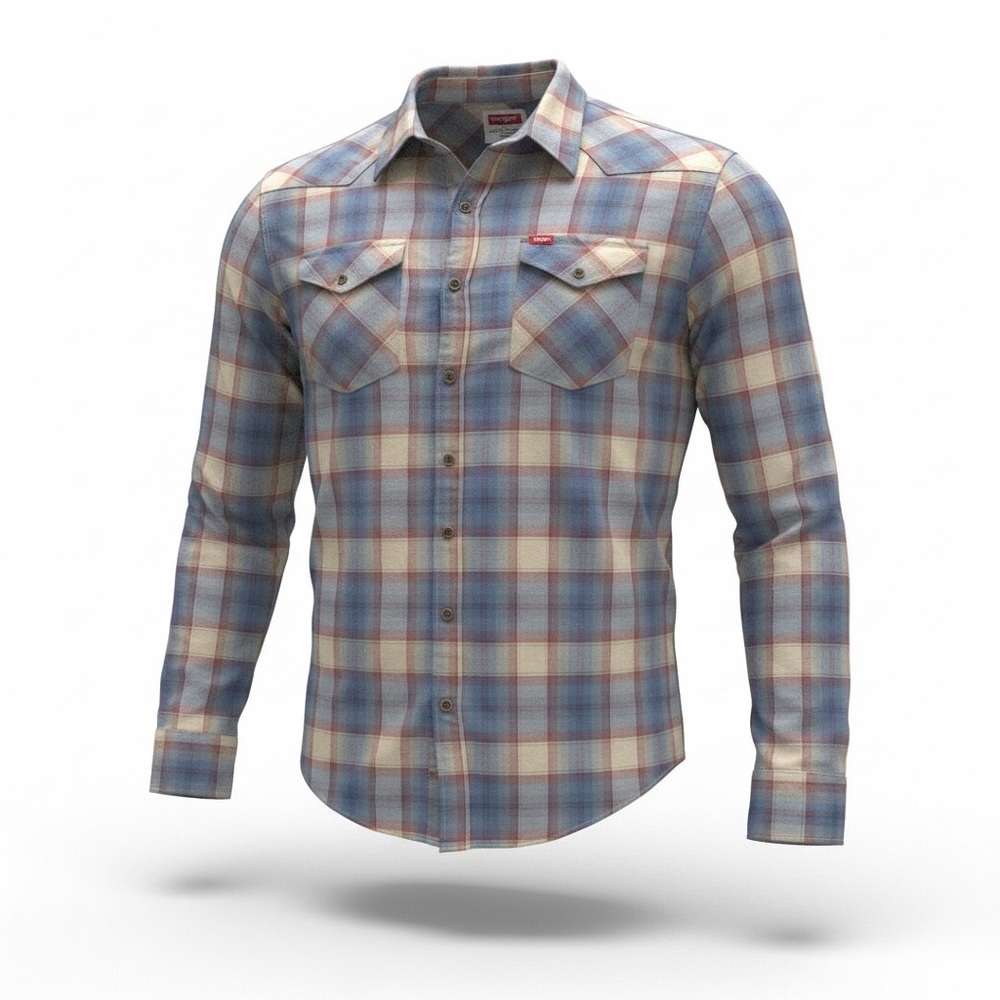 Wrangler 3XL Plaid Western Shirt Blue Rust Cream Metallic Buttons